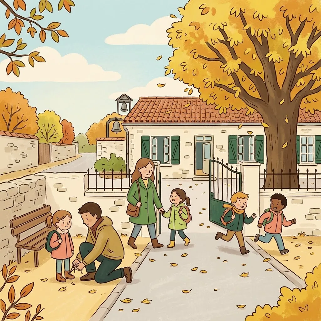Illustration d’un matin d’automne devant une école, parents et enfants qui arrivent sous un grand arbre doré
