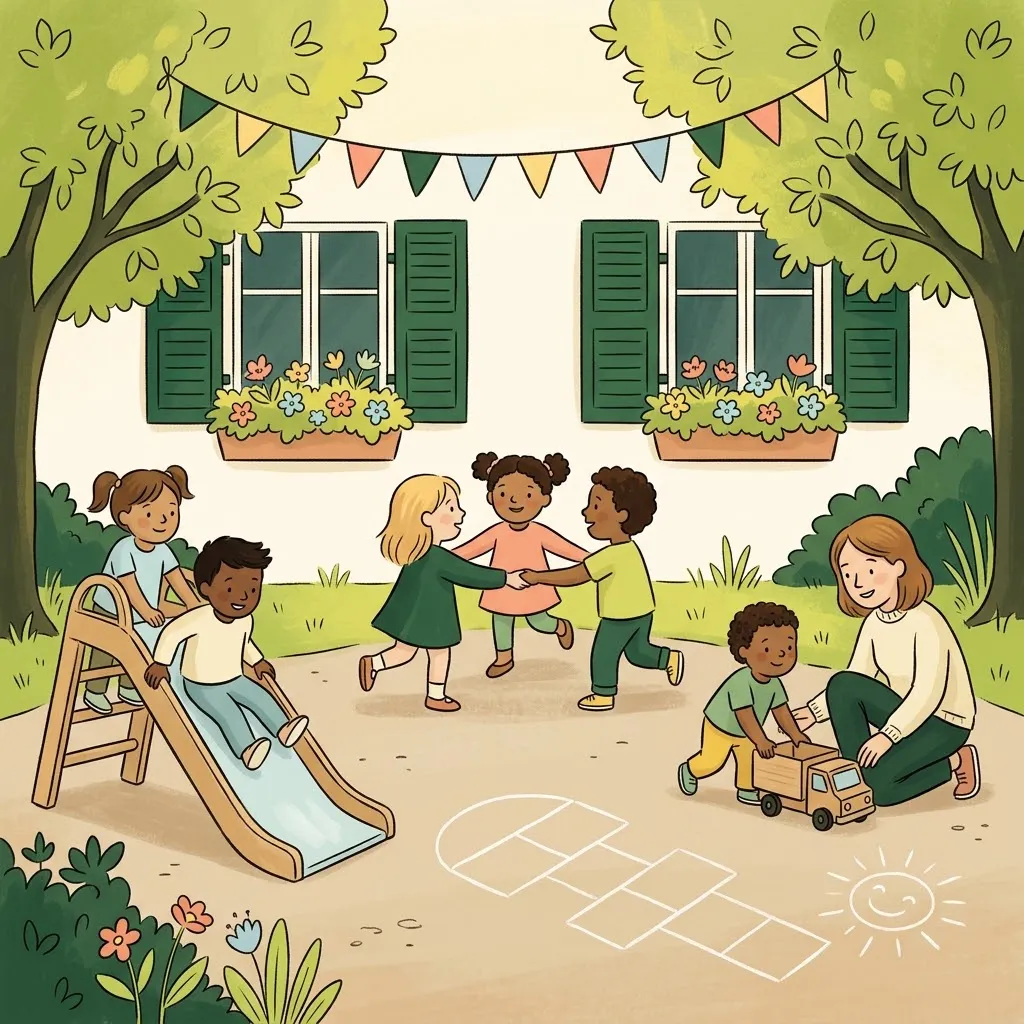Illustration d’une cour d’école en fête, petits enfants au toboggan et en ronde sous des fanions colorés